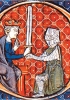 Il vassallo riceve la sua spada dal re in un manoscritto del XIV secolo. (Durham, Cathedral Library)