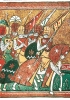 Goffredo di Buglione duca di Lorena, in partenza con i suoi cavalieri per la prima crociata nel 1096. Miniatura dal manoscritto La storia di Guglielmo di Tiro. (Parigi, Bibliothèque Nationale) 