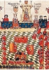 Il parlamento inglese in una seduta immaginaria da una miniatura del 1520. Alla seduta partecipano il re, i principi e i suoi vassalli, gli arcivescovi di Canterbury e York, lord, giudici, cavalieri e borghesi. (Royal Library of Windsor Castle)