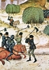 Contadini assaltano un cavaliere in una miniatura del XV secolo. (Parigi, Bibliothèque Nationale)