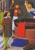 Tintori immergono i tessuti nel colore in una miniatura fiamminga del 1482.