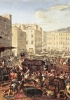 La piazza Mercato, a Napoli, il 7 luglio 1647, quando scoppiò la rivolta capeggiata da Masaniello, che è visibile al centro su un cavallo bianco mentre arringa la folla. Olio su tela di Michelangelo Cerquozzi del 1648. (Roma, Galleria Spada)