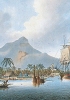 Le navi di Cook all’ancora nella baia di Huahine, un’isola a 175 kilometri a nordovest di Tahiti, nel 1776, durante il terzo viaggio del navigatore inglese. Cook aveva visitato l’isola già nel corso del suo primo viaggio, e l’aveva raggiunta grazie all’aiuto di un giovane tahitiano imbarcatosi con lui.