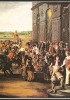 Luigi XIV a cavallo attorniato da servitori in livrea e cortigiani davanti alla reggia di Versailles. Particolare di un dipinto del XVII secolo. (Parigi, Foto Gianni Dagli Orti)
