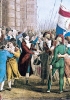 I contestatori sventolano la bandiera francese con le parole d’ordine della rivoluzione. Incisione a colori del XVIII secolo.