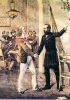 Mazzini e Garibaldi si incontrarono per la prima volta a Marsiglia nel 1833. Garibaldi, iscritto alla Giovine Italia nel 1832, partecipò all’insurrezione mazziniana a Genova del 1834 e per sfuggire alla condanna a morte s’imbarcò per il Sudamerica. Incisione coeva. (Torino, Museo del Risorgimento)