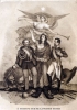 Vittorio Emanuele II, a sinistra, e Napoleone III stringono la mano alla donna che rappresenta l’Italia. Tutti e tre calpestano l’aquila bicipite simbolo dell’Austria. Stampa della metà dell’Ottocento.