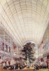 Il Palazzo di Cristallo, progettato da Joseph Paxton, al cui interno si tenne la prima esposizione universale. Veduta del transetto, stampa a colori coeva.