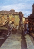 Dipinto di Mario Puccini del 1913: il particolare mostra alcuni uomini al molo che trasportano materiali verso l’officina metallurgica. (Livorno, Collezione privata)