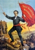 Lassalle, uno dei fondatori della socialdemocrazia tedesca, della quale, in questa litografia, regge la bandiera rossa. Sullo sfondo sorge il sole della Libertà, in primo piano Lassalle calpesta l’idolo del capitalismo, il vitello d’oro. Litografia di fine Ottocento.