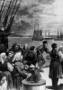 In una stampa del 1887
un gruppo di emigranti in arrivo
nel porto di New York osserva
la Statua della Libertà