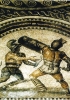 Gladiatori in un mosaico della metà del III secolo d.C. Un murmillo e un samnis, senza lo scudo, che ha la particolarità di essere mancino e dunque di essere armato al contrario. (Bad Kreuznach, Villa romana)