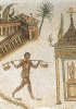 In primo piano un lavorante trasporta due cesti sulle spalle, sullo sfondo un colonnato, a destra un tempietto. Mosaico tunisino del II secolo. (Tunisi, Museo del Bardo - Foto Jabeur/Ars Latina)