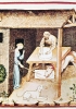 Una coppia di contadini durante la fabbricazione del formaggio in una capanna. Uno dei cani viene allontanato con un bastone. Codice del XIV secolo. (Roma, Biblioteca Casatanense)