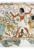 Le rive del Nilo: un uomo è ritratto con la moglie
e il figlio mentre caccia da una piccola imbarcazione
di papiro. Grazie a questo affresco possiamo immaginare
come fosse ricca di vegetazione e fauna l’area rivierasca
del Nilo. Affresco dalla tomba di Nebamun
a Tebe. XIV secolo a.C. (Londra, British Museum)